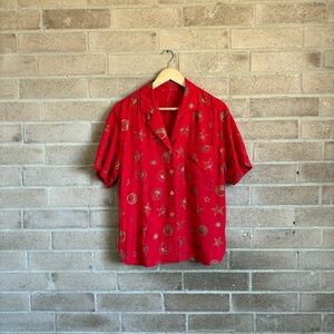 celestial print short sleeve button front